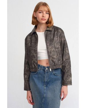Dilvin Crop Faux Leather Bomber Jacket - Grey