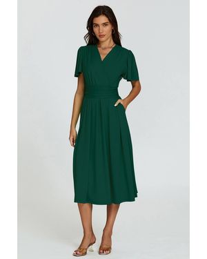 FS Collection Angel Sleeve Wrap Neck Jersey Midi Dress - Green