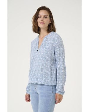 Kaffe Ditte V-Notch Neck Elastic Hem Blouse - Blue