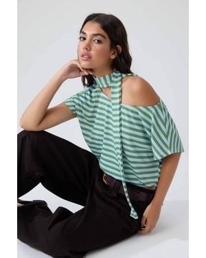 WOVCOR Batwing Sleeve Boat Neck Belted Knit Blouse - Green