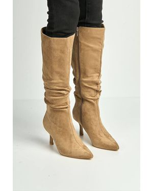 Miss Diva Zeli Low Kitten Heel Pointy Toe Rouch Calf Boots - Grey
