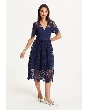Liquorish Flare Lace Midi Dress - Blue