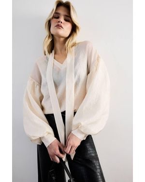 Warehouse Pussybow Tie Neck Blouson Sleeve Blouse - Natural