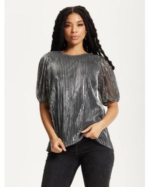 Liquorish Metallic Pleated Puff Sleeve Top - Grey