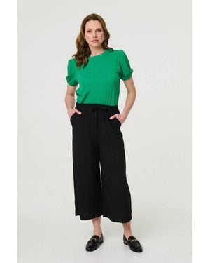 Izabel London High Waist Wide Leg Cropped Trousers - Green