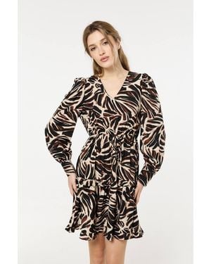 Liquorish Leaf Print Long Sleeve Mini Dress - Multicolour
