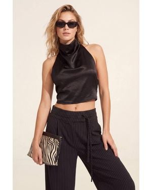 Nasty Gal Satin High Neck Cowl Strappy Buckle Back Crop Top - Blue