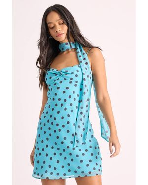 Nasty Gal Chiffon Polka Dot Twist Front Scarf Mini Dress - Blue