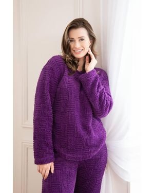 CAMILLE Supersoft Textured Woven Pattern Fleece Pyjamas - Purple