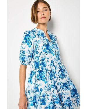 Apricot Floral Print Cotton Mini Dress - Blue