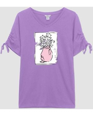 Enorsia Ruched Sleeves Chest Printed T-Shirt - Purple