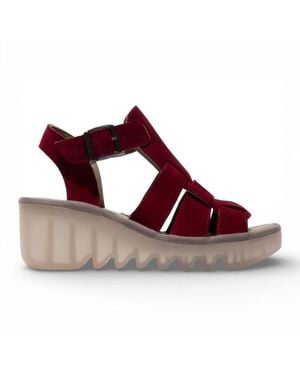 Infinity Leather Fly London Baic621Fly Suede Leather Wedge Sandals - Red