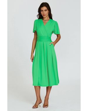 FS Collection Angel Sleeve Wrap Neck Jersey Midi Dress - Green