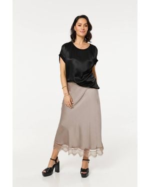Liquorish Lace Trim Satin Maxi Skirt - Natural