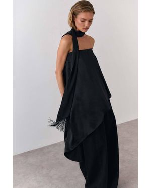 Warehouse Satin Asymmetric Hem Scarf Neck Top - Black