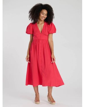 South Beach Puff Sleeve Button Detail Midi Dress - Red