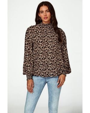 FS Collection Leopard Print Long Sleeve High Neck Blouse - Brown