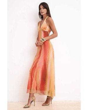 WOVCOR Halterneck Sheer Tulle Maxi Evening Dress W/ Ombre Effect - Orange