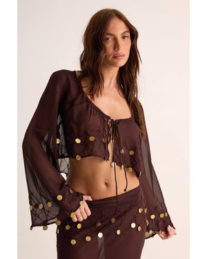Nasty Gal Sheer Coin Trim Tie Front Beach Top - Brown