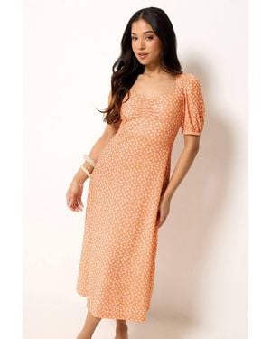 PixieGirl Petite Floral Ruched Midi Dress - Orange