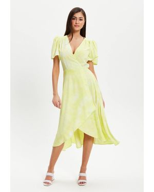 Liquorish Angel Sleeve Wrap Dress - Yellow