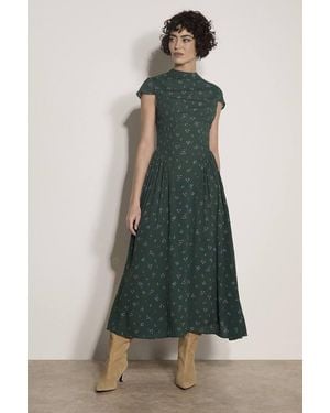 Apricot Floral Crepe Smocked Midi Dress - Green