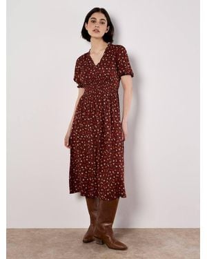 Apricot Ditsy Floral Smocked Midi Dress - Red
