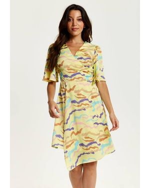 Liquorish Mini Abstract Print Wrap Dress - Yellow