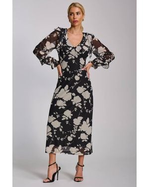 Jolie Moi Ruffle V Neck Long Sleeve Mesh Maxi Dress - Black