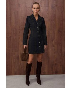 WOVCOR Tailored Mini Denim Dress W/ Stitching & Button Detail - Brown