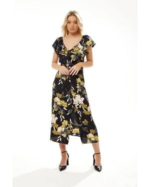 Liquorish Belted Midi Dress W/ Shoulder Sleeves - Multicolour