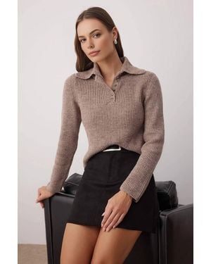 WOVCOR Soft Textured Buttoned Polo Collar Knit Jumper - Grey
