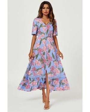 FS Collection Floral Print Lace Detail Maxi Dress - White