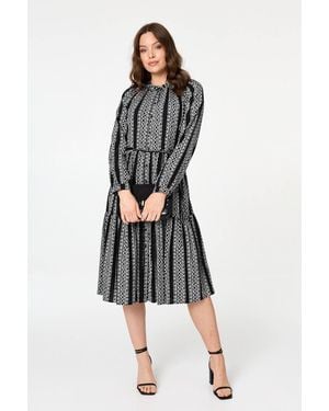 Izabel London Geo Print Tiered Long Sleeve Midi Dress - Black