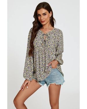 FS Collection Floral Print Long Sleeve Blouse Top - Purple