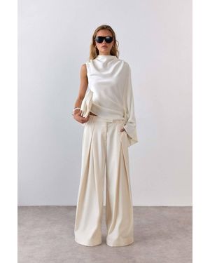 Warehouse Premium Open Pleat Wide Leg Trouser - Natural
