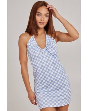 Pink Vanilla Halterneck Checkerboard Mini Dress - Blue