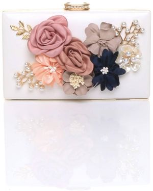 AJVANI Rectangle Hard Shell Flower Pearl Evening Party Wedding Clutch Bag - Pink