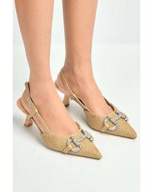 Miss Diva Faye Diamante Broach Tweed Low Heel Court Shoes - Natural