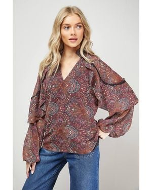 Oasis Cape Detail Trim Balloon Sleeve Boho Blouse - Red