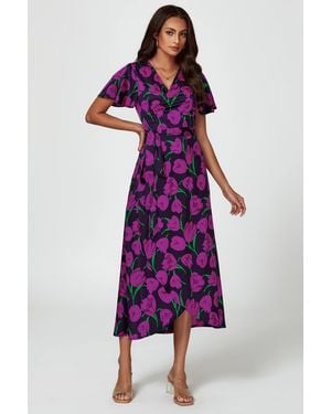 FS Collection Floral Print Satin Wrap Maxi Dress - Purple