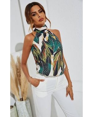 FS Collection Leaf Print Halter Neck Tie Back Top - Green
