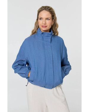 Izabel London Relaxed Drawstring High Neck Jacket - Blue