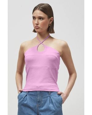 Enorsia Halter Neck Ribbed Cami Vest Top - Pink