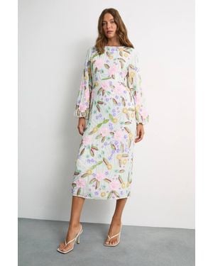 Warehouse Embellished Long Sleeve Midi Dress - White