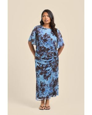 FASHION-SZN Curve Abstract Print Flutter Sleeve Ruched Midi Dress - Blue