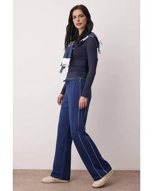 WOVCOR Contrast Piping Drawstring Wide Leg Knit Joggers - Blue
