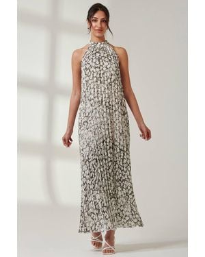 Jolie Moi Abstract Halter Neck Pleated Maxi Dress - White