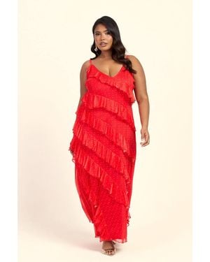FASHION-SZN Curve Polka Dot Ruffle Strappy Maxi Dress - Red