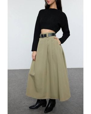 WOVCOR High-Waist Pleated Maxi A-Line Woven Skirt - Green